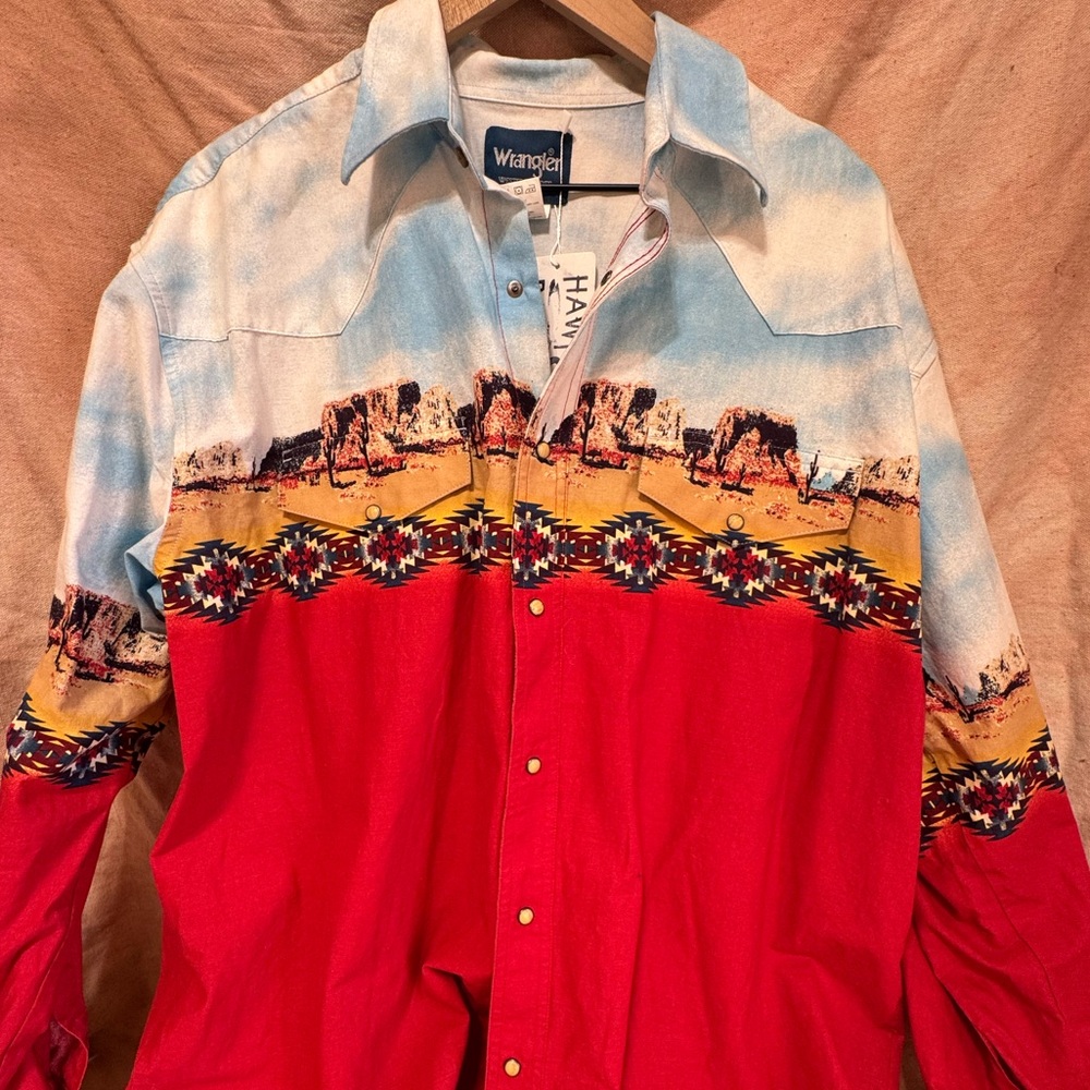 Vintage Wrangler Western Pearl Snap Desert Scene Shirt Southwest Print L